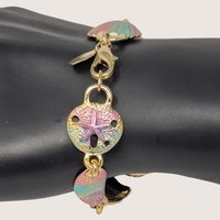 Vintage Gold Tone Enamel Starfish And Shell Link Bracelet