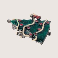 Vintage AJMC Silver Tone Green Enamel Christmas Tree Brooch