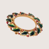 Vintage Gold Tone Enamel Holly Wreath Brooch