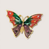 Vintage gold-tone enamel butterfly brooch with green, red, and purple wings and faux pearl accents.