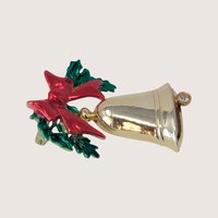 Vintage Gold Tone Christmas Bell Brooch With Red Bow And Holly