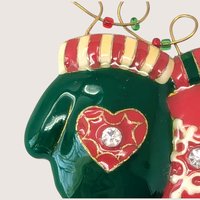 Vintage Gold Tone Christmas Mittens Brooch With Enamel And Rhinestones