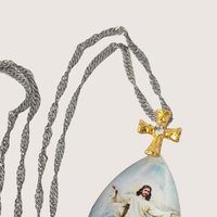Vintage Crescent Memorial Intaglio Pendant Necklace With Cross Bail