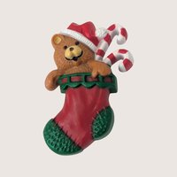 Pair of Vintage Hallmark Snowman And Teddy Bear In Stocking Brooches