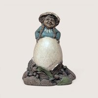 Vintage signed Tom Clark "Debbie" gnome figurine peeking over a large egg with natural leaf base.