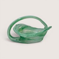 Vintage green art glass basket with a sweeping handle and textured interior.