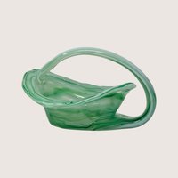 Vintage Green Art Glass Basket with Handle