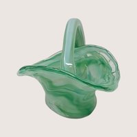 Vintage Green Art Glass Basket with Handle