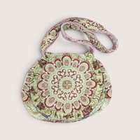 Vintage Carpet Bags of America tapestry shoulder purse with a circular mandala design in pink, cream, and red.