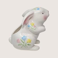 1980s Vintage Ceramic White Bunny Rabbit Floral Planter