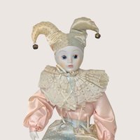 1980s Vintage Porcelain Harlequin Pierrot Doll Pair Pink Blue Satin