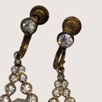 1950s Rhinestone Pearl Gold Tone Screw Back Dangle Earrings
