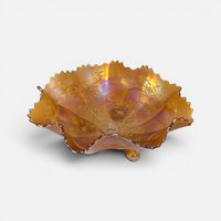 Antique 1910s Fenton marigold carnival glass footed bowl with embossed Chrysanthemum motif and crimped ruffle rim.