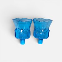 Pair of vintage vibrant blue glass tulip shaped peg votive candle holder cups with scalloped rims