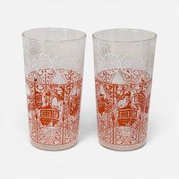 Pair of vintage mid century clear drinking glasses with red rooster weathervane and white sun graphics