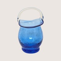 1960s Cobalt Blue Crackle Glass Mini Basket Clear Handle