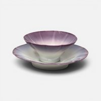 Antique Asian porcelain fluted condiment dish with attached saucer in lavender purple ombre glaze