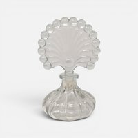 Vintage clear glass ribbed melon perfume bottle with large beaded fan shaped glass stopper