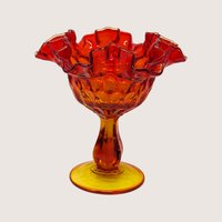 1960s Fenton Amberina Glass Ruffled Thumbprint Pedestal Compote