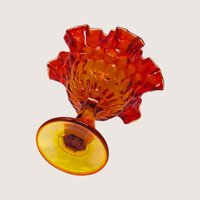 1960s Fenton Amberina Glass Ruffled Thumbprint Pedestal Compote