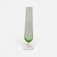 Vintage light green optic swirl glass stemmed bud vase with clear footed pedestal base and scalloped rim