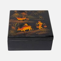 Vintage Asian Lacquer Coaster Set With Storage Box