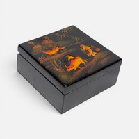 Vintage Asian lacquer storage box and matching set of six square coasters with hand-painted rural scenery.