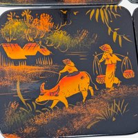 Vintage Asian Lacquer Coaster Set With Storage Box