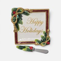 Vintage Fitz and Floyd "Happy Holidays" square ceramic plate with pine and ribbon details, accompanied by a matching spreader.