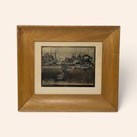 Vintage Lionel Barrymore San Pedro gold foil etched print in a deep wooden frame.