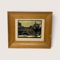 Vintage 1950s gold foil etched print titled Purdys Basin by Lionel Barrymore depicting a coastal harbor with moored boats in a deep wood frame.