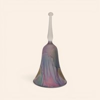 Vintage iridescent art glass bell with pastel purple and blue tones and a frosted handle.