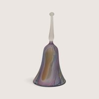 Vintage 1980s Rueven hand-painted art glass decorative bell featuring fluid pastel washes of purple, blue, and gold with a frosted handle.