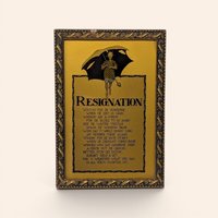 Vintage framed Resignation poem art on a gold-tone background with an umbrella illustration.