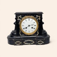 1880s Japy Freres French Black Lacquer Mother of Pearl Mantle Clock