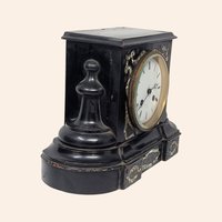 1880s Japy Freres French Black Lacquer Mother of Pearl Mantle Clock