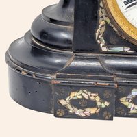 1880s Japy Freres French Black Lacquer Mother of Pearl Mantle Clock