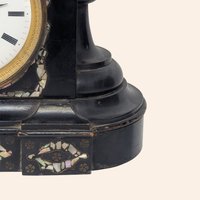 1880s Japy Freres French Black Lacquer Mother of Pearl Mantle Clock