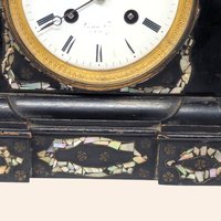 1880s Japy Freres French Black Lacquer Mother of Pearl Mantle Clock