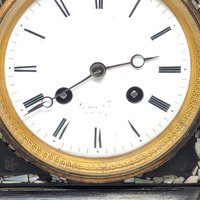 1880s Japy Freres French Black Lacquer Mother of Pearl Mantle Clock