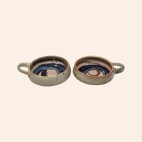 Set of 2 Handmade Stoneware Bowls with Swirls and Handles