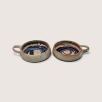 Set of 2 Vintage Handmade Stoneware Bowls with Swirls and Handles
