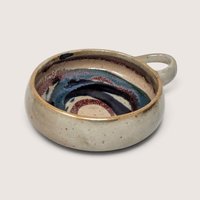 Set of 2 Vintage Handmade Stoneware Bowls with Swirls and Handles
