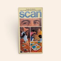 Vintage 1970 Scan split-second matching game box by Parker Brothers featuring photo graphics of people playing.