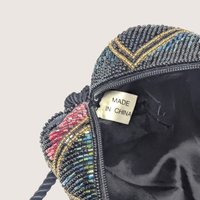 Vintage Beaded Black Purse With Multicolor Geometric Design