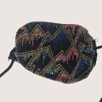 Vintage Beaded Black Purse With Multicolor Geometric Design