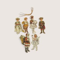 Set of 6 vintage 1986 Merrimack Betty Bonnet die-cut paper Christmas ornaments with gold strings.