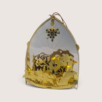Vintage gold laser-cut metal Christmas ornament featuring Santa on a sleigh with a bottom light port.