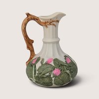 Vintage Handpainted Ceramic Pitcher Vase with Pink Flowers