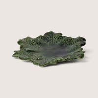 Vintage hand-painted green ceramic leaf plate featuring glossy majolica-style texturing and deep vein details.